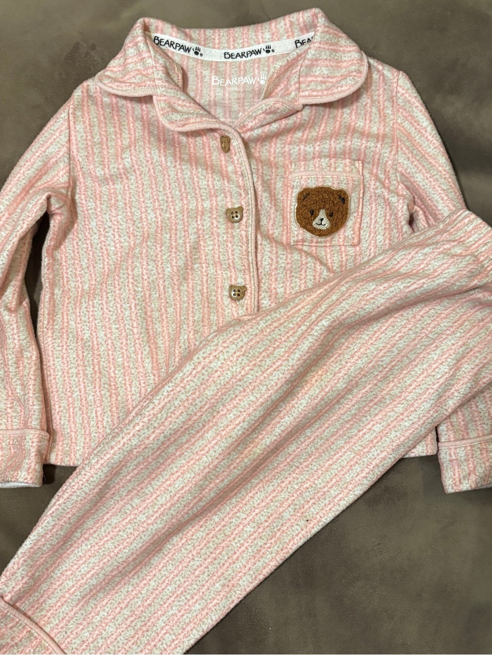 BearPaw Pink and White Striped Bear Patch Kids Pajama Set